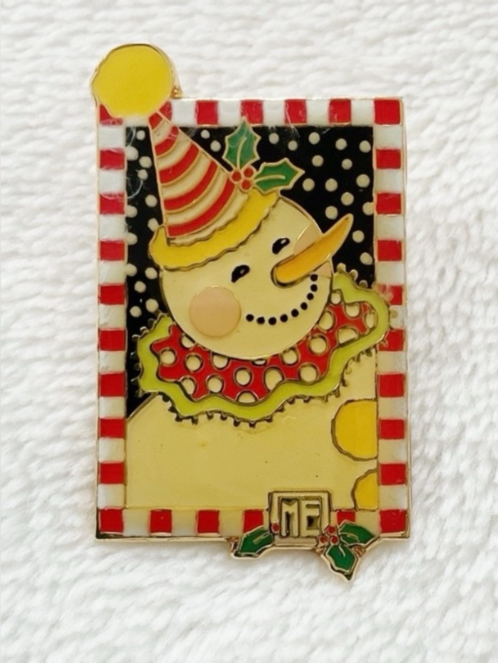 Vintage 1999 Mary Engelbreit Clown Snowman Enamel Pin Brooch Holiday Christmas